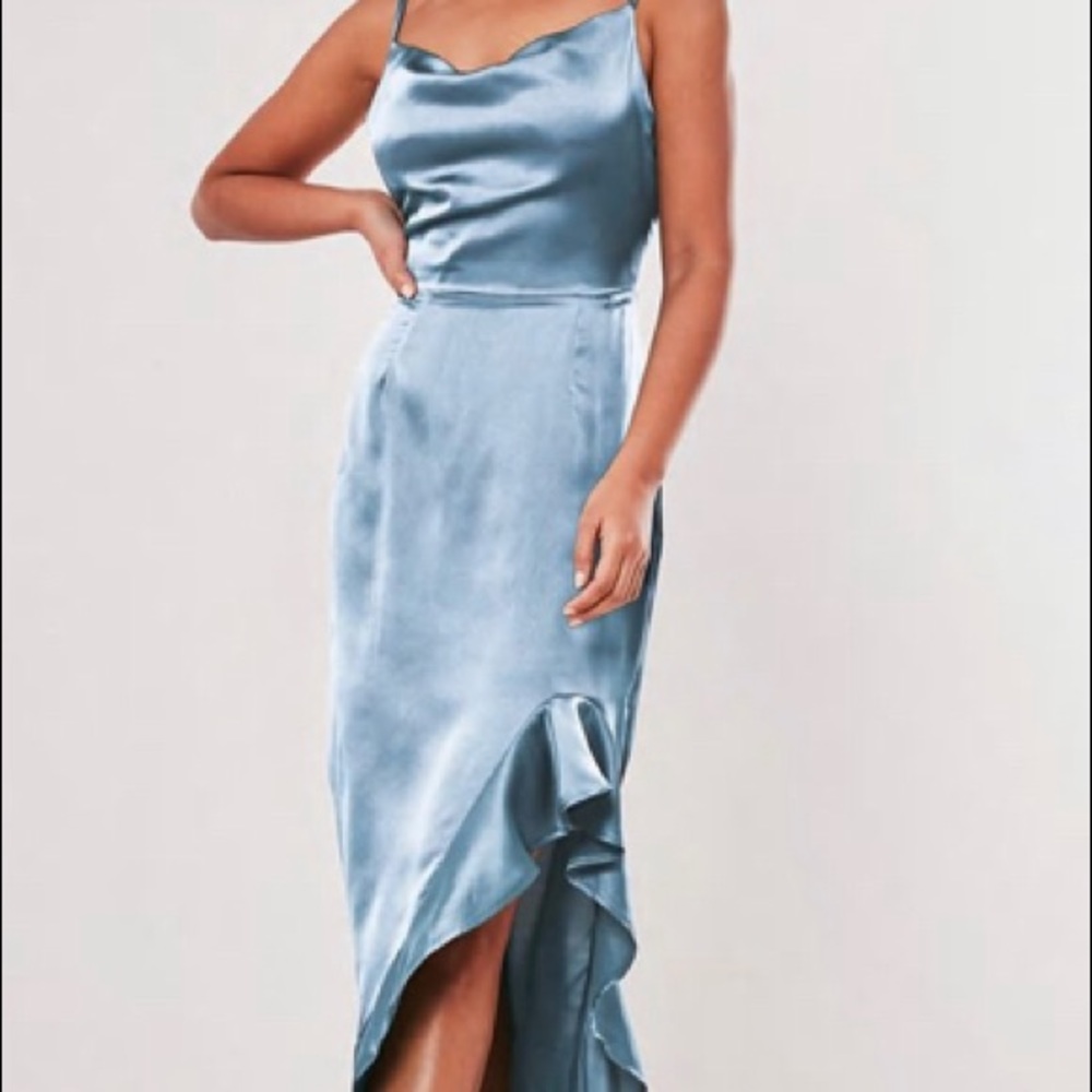 Blue Satin Ruffle Side Cami Midi Dress